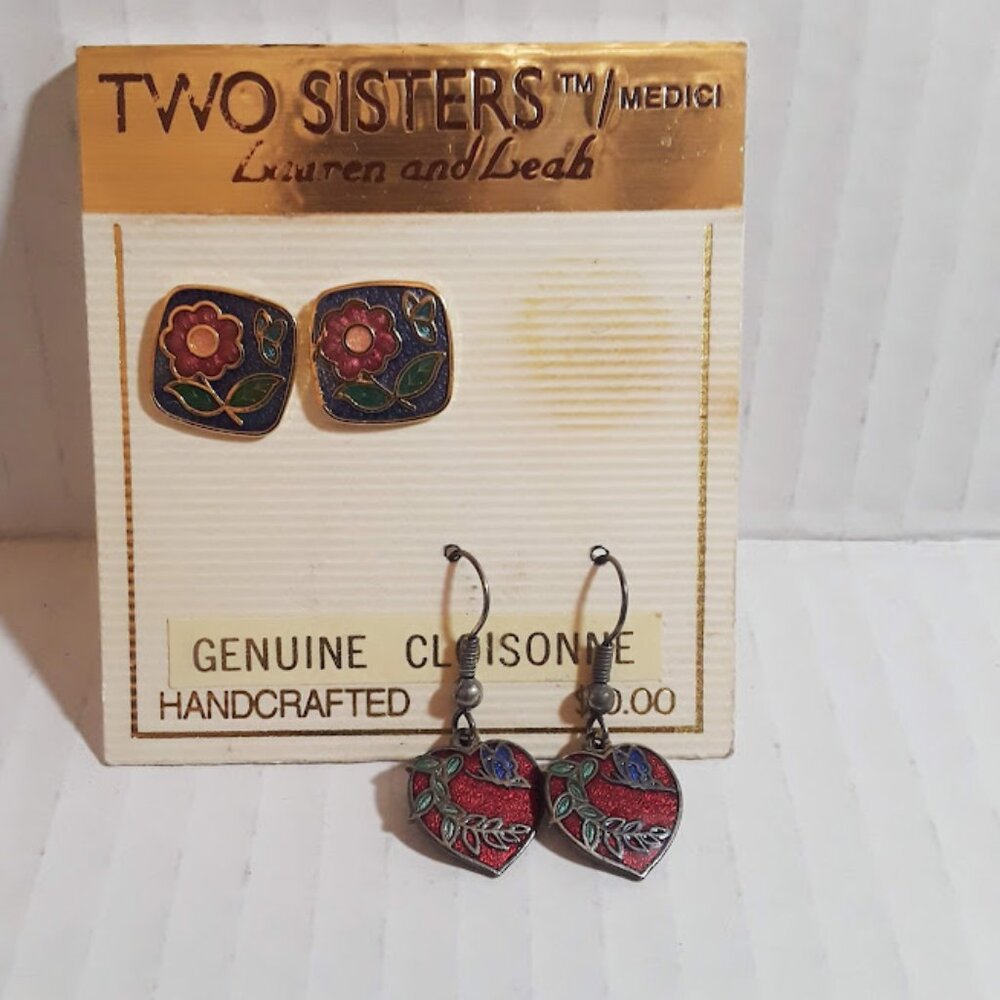 ~TWO SISTERS~ Lauren and Leah Vintage Handcrafted Genuine Cloisonné Earrings